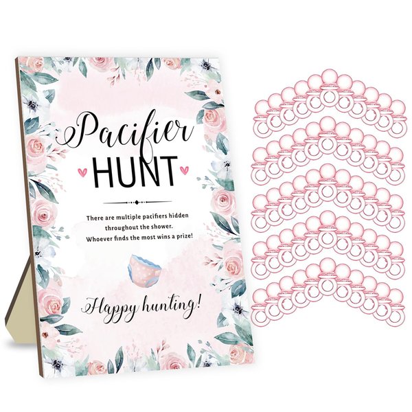 Pacifier Hunt Game for Baby Shower, Baby Shower Games Set Included Baby Pacifier Hunt Floral Sign Board 50 Mini Pink Acrylic Pacifiers, Favorite Adults Kids Games for Baby Shower Activities