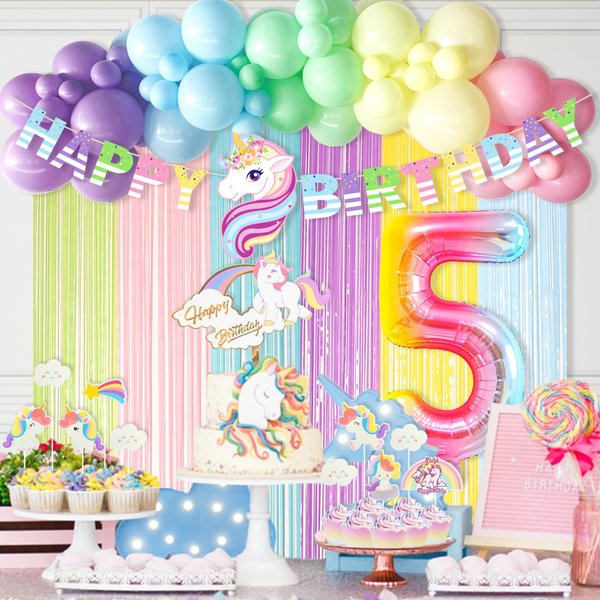 Hombae Unicorn 5th Birthday Party Decorations for Girls, 5th Birthday Party Supplies Kit, Rainbow Birthday Banner Balloons Garland, No.5 Foil Balloon, Macaron Tinsel Curtains