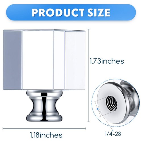 2 Pieces Cube Crystal Lamp Finial Clear Square Lamp Finial Cap Knob Top Knob Lamp Finial with Silver Polished Chromed Base for Lamp Shade Lamp Decoration, 1-4/5 Inches Tall