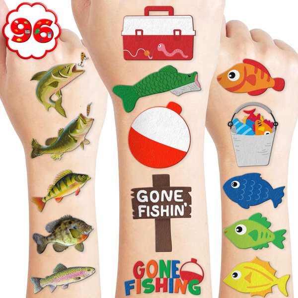 96 PCS Gone Fishing Fish Temporary Tattoos Birthday Theme Party Supplies Decorations Favors Decor Cute Little Nautical Fisherman Tattoo Stickers for School Prizes Gifts for Kids Boys Girls Carnival