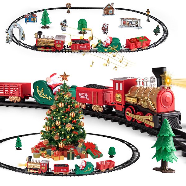 Train Toy for Toddler, Christmas Train Set Around Tree w/Light & Sound for Kids, Battery Operated Electric Locomotive Engine, Track, Carriage, Ideal Gift Holiday Decoration for Ages 3 and Up Children