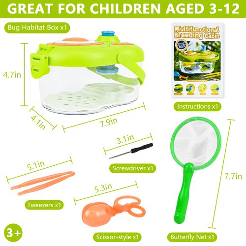 2 Sets Bug Catcher Kit for Kids - Bug Catching Kit with 4X Magnified Viewer, Bug Catcher, Tweezers, Night Observation Light & Bug Habitat Box, Butterfly Net, Backyard Outdoor Toy for Ages 3-5 5-7 8-12