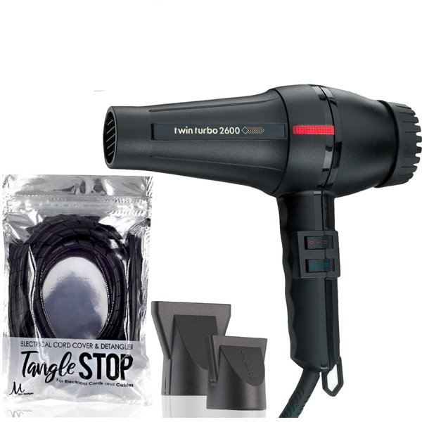 Turbo Power Twin Turbo 2600 Black Hair Dryer Model 304 and M Hair Designs Tangle Stop Cord Detangler (Bundle 2 Items)