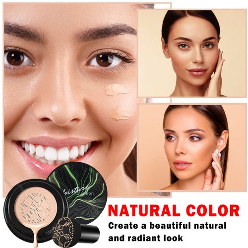 XINGXYUEL 2PCS Mushroom Head Air Cushion CC Cream BB Cream Foundation,Moisturizing Concealer Makeup Base Foundation,Long Lasting Full Coverage Foundation with Mushroom Makeup Sponge(Natural)