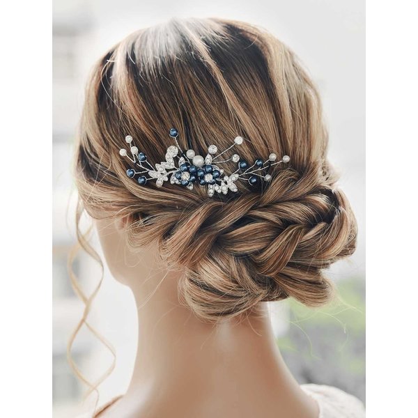 Latious Bride Wedding Crystal Hair Comb Silver Leaf Bridal Hair Clip Blue Pearl Hair Piece Rhinestones Hair Accessories for Women and Girls