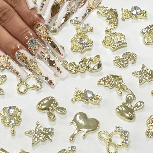 30Pcs Luxury Mix Gold Nail Charms Shiny Pearl Alloy Nail Rhinestones Butterfly Heart Star Nail Charms Metal Snake Flower Nail Art Charm Nail Gems for Nails Women Acrylic Nail Jewels Nail Decorations