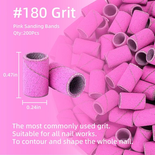 Terossy 180 Fine Grit Sanding Bands for Nail Drill, 200Pcs Nail Sanding Bands Nail Drill Bits with 1 Mandrel, Electric Nail Sanding Bits for Manicures and Pedicures, Pink
