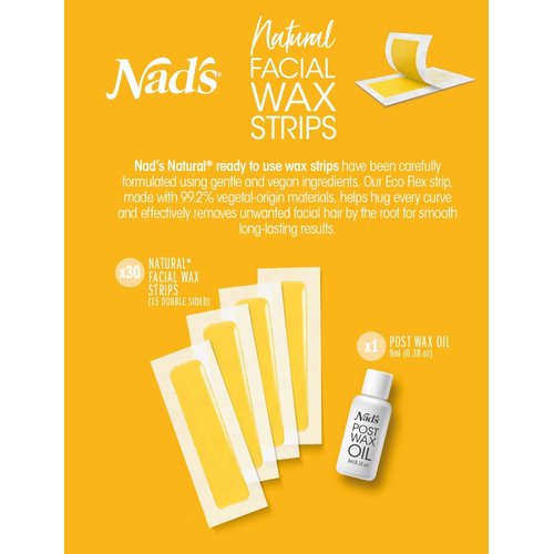 Nad's Facial Wax Strips - Natural All Skin Types - Waxing Kit With 30 Face Wax Strips & Post Wax Oil, 1 Count