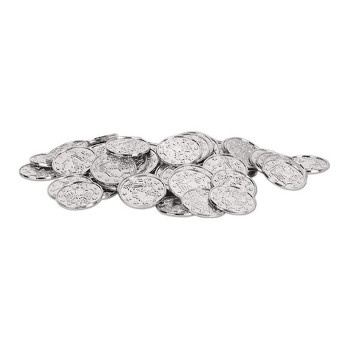 Beistle 100 Piece Silver Embossed Plastic Coins for Western Casino and Pirate Theme Treasure Chest Party Favors, 1.5"