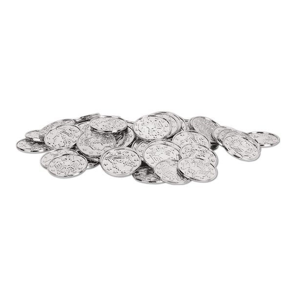 Beistle 100 Piece Silver Embossed Plastic Coins for Western Casino and Pirate Theme Treasure Chest Party Favors, 1.5"