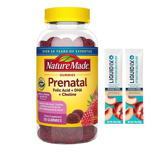 Nature Made PRENATAL Gummies FOLIC Acid +DHA +Choline Mixed Berry Flavor (120 CT) + Bonus 2 Sugar - Free White Peach Hydration Sticks