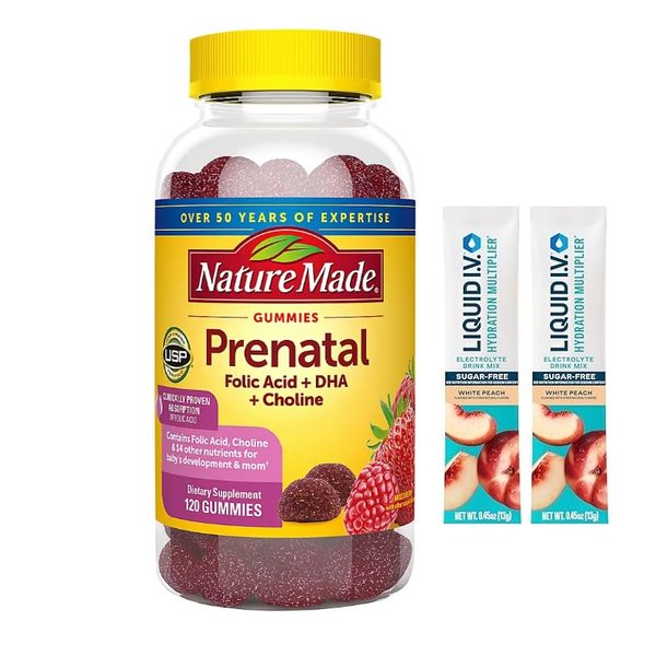 Nature Made PRENATAL Gummies FOLIC Acid +DHA +Choline Mixed Berry Flavor (120 CT) + Bonus 2 Sugar - Free White Peach Hydration Sticks