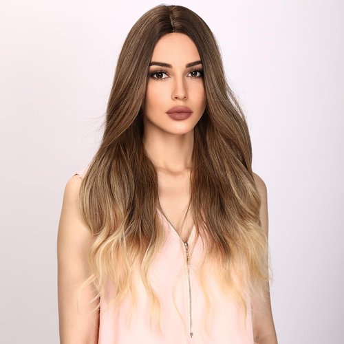 Smilco Synthetic Wigs for Women Mixed Brown Wig Long Wavy Curly Middle Part Wig Natural Looking Hair Wigs Synthetic Heat Resistant Fiber Wigs for Daily Party Cosplay (22 Inch)