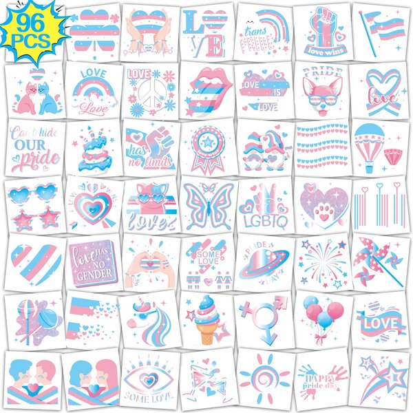 Qpout 96Pcs Transgender Flag Temporary Tattoos Trans Pride Themed Tattoo Stickers with Blue Pink White Pattern for Pride Party Favors LGBTQ Pride Day Equality Parades and Celebrations