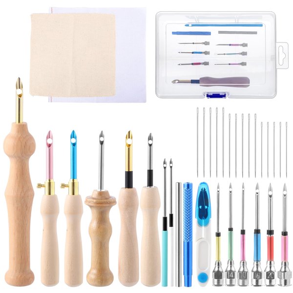 35 Pcs Punch Needle Kit, Punch Needle Tool Adjustable Punch Needle Embroidery Kits Include Wooden Handle Embroidery Pen Set, Big Eye Needles, Punch Needle Cloth - Stocking Stuffers for Adults Beginne