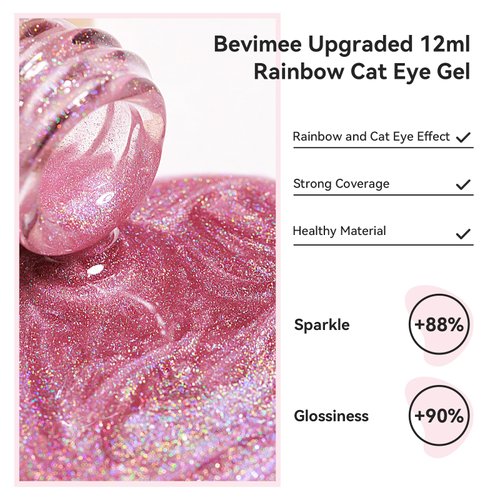 Bevimee Cat Eye Gel Nail Polish Rainbow Color Glitter Holographic Gel Polish Pink Reflective Shimmer Iridescent Sparkly Nail Gel Polish Galaxy Magnetic UV Gel for Nail Art at Home 12ML