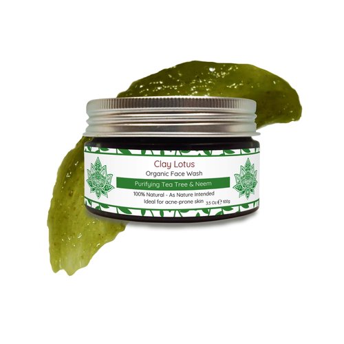 Clay Lotus Organic Face Wash - Acne-Prone, Oily Skin Cleanser with Tea Tree Oil & Neem. All-Natural Ingredients for Blemishes, Redness & Blackheads, Vegan Formula For Teens, Women and Men