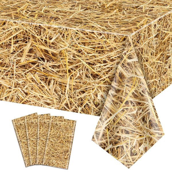PTECDROTS 4Pcs Straw Tablecovers, Westtern Theme Birthday Tablecloths Plastic Farm Hay Table Cloths for Cowboy Western Party Supplies Farm, Hawaiian Luau, Hay Bales Party Decorations, 51x86 Inch