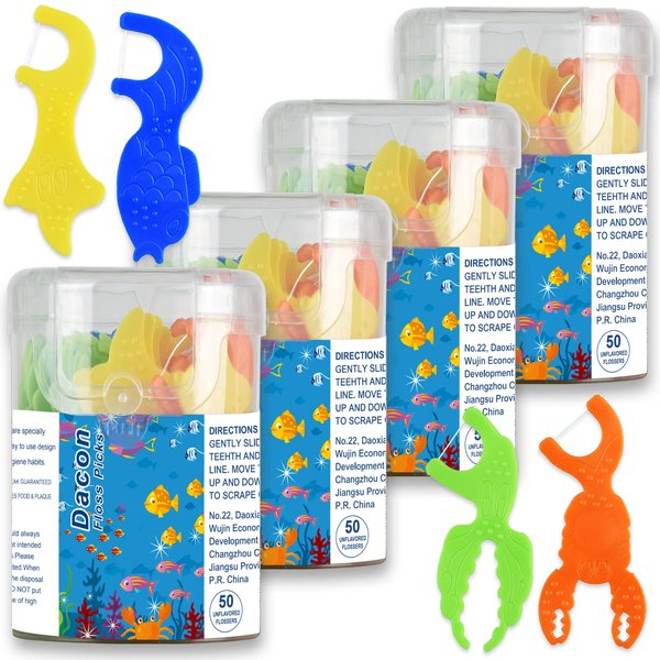 Dacon Kids Flossers, Kids Dental Floss Picks without Fluoride, Unflavored, 4 Colors Ocean Animals Shaped Makes Flossing Fun, 50 Count (Pack of 4)