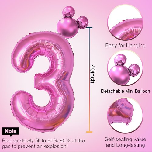 40 inch Hot Pink Number 3 Balloon & Mini Mouse Head Balloon, 3rd Birthday Party Decoration Balloons, Cartoon Mouse Birthday Party Supplies, Princess Birthday Party Decorations Supplies