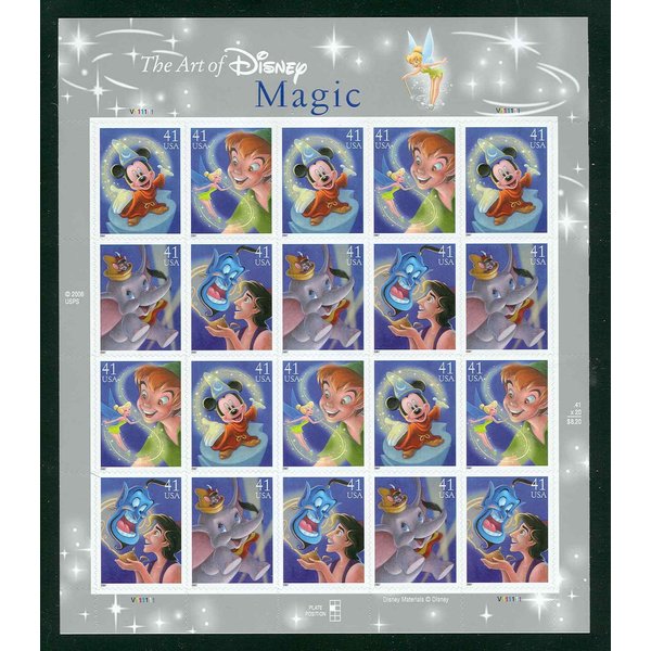 The Art of Disney: Magic, Full Sheet of 20 x 41-Cent Postage Stamps, USA 2007, Scott 4192-95