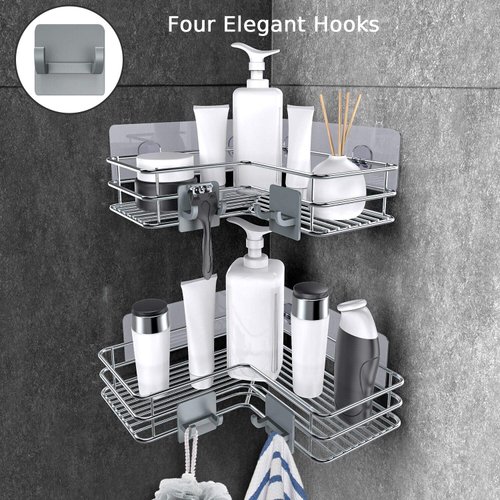 Nieifi Adhesive Corner Shower Caddy Shelf Basket Rack with Hooks, Rust Proof Stainless Steel Bathroom Shelf Shampoo Holder No Drilling 2 Pack