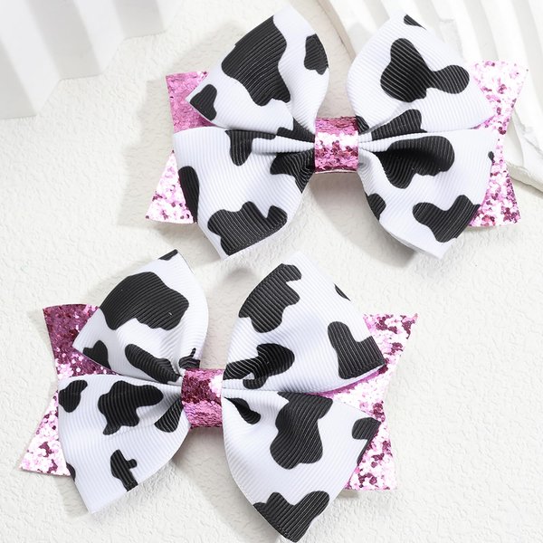 Cow Print Girls Bows for Girls Cute Bow Hair Accessories Pink Glitter Hair Clips Cow Hair Accessories Hair Bow for Girls for Hair Black White Hair Barrettes 2Pcs