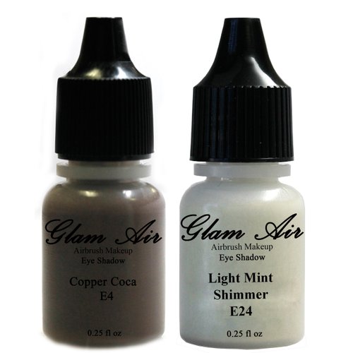 Set of Two (2) Shades of Glam Air Airbrush Eye Shadow Makeup E4 Copper Cocoa and E24 Light Mint Shimmer Water-based Formula Last All Day (For All Skin Types) 0.25oz Bottles by Glamair