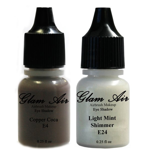 Set of Two (2) Shades of Glam Air Airbrush Eye Shadow Makeup E4 Copper Cocoa and E24 Light Mint Shimmer Water-based Formula Last All Day (For All Skin Types) 0.25oz Bottles by Glamair