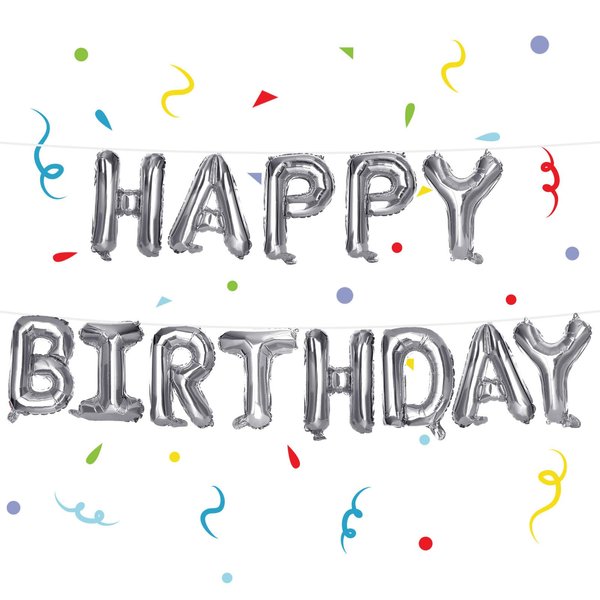 3 otters Happy Birthday Banner, Silver Mylar Foil Letters Balloon Happy Birthday Metallic Balloons Birthday Sign Banner for Kids Party Supplies