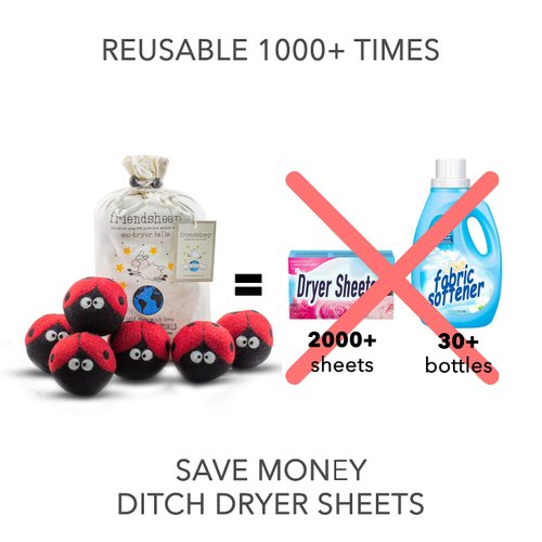 Friendsheep Wool Dryer Balls 6 Pack XL Organic Premium Reusable Cruelty Free Handmade Fair Trade No Lint Fabric Softener Ladybugs - Laundrybugs