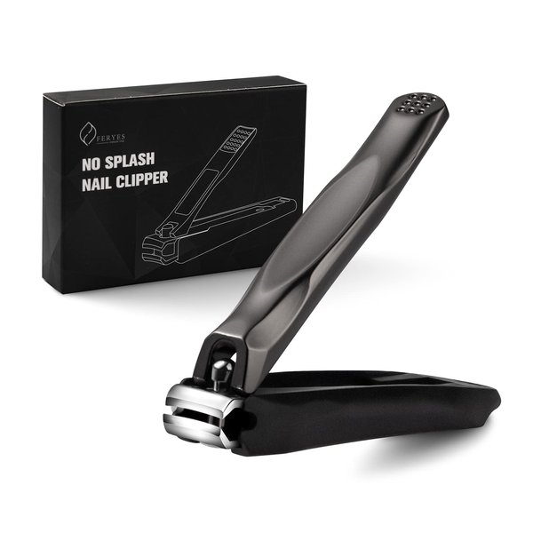 FERYES 3-in-1 Fingernail Clipper with No-Splash Nail Catcher and Metal Storage Box - Toenail Clipper with Nail File for Men & Women - Black