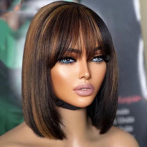 JOEDIR HAIR Short Bob Wigs Human Hair 10 Inch HD Lace Glueless Wear and Go Bob Wig With Bangs for Black Women Black with Brown Highlight 2x1 Lace Scalp Light Yaki Straight Bob Wig 180 Density