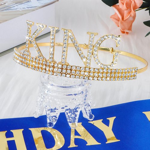 𝘾𝙝𝙖𝙣𝙖𝙘𝙤 Birthday Crown and Sash for Men, King Rhinestone Tiara and Glitter Sashes Hair Accessories Set, Crystals Happy Birthday Gift and Decoration for Party Favors
