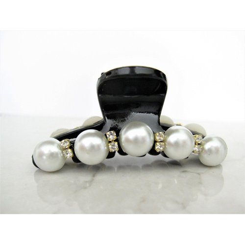 Small/medium black hair claw clip for fine, thin hair with pearls and crystals
