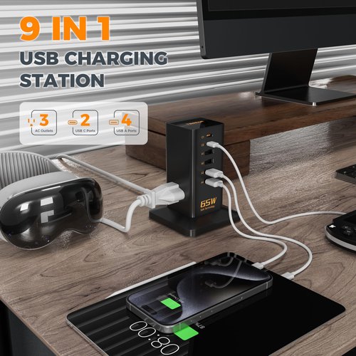 Desk Charging Station for Multiple Devices 65W, TESSAN 6 Port GaN USB Fast Charger Tower with 3 Outlets, Type C Desktop Charger Hub for Cellphone Tablet Earphone, Home Office Travel Accessories