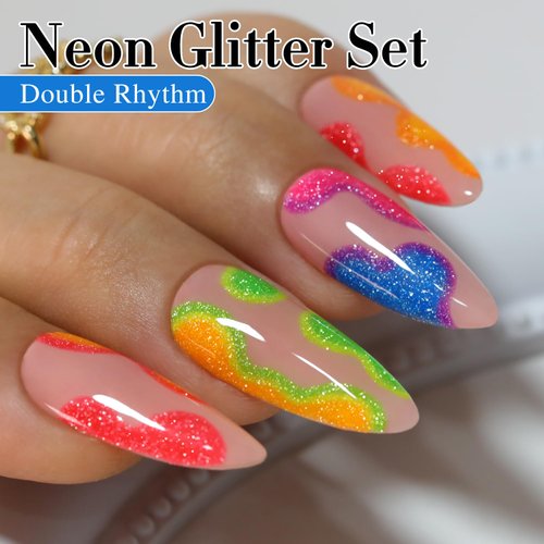 Double Rhythm Glitter Gel Nail Polish Set of 6 Colors Shimmer Reflective Sparkle Nail Polish Nail Art DIY at Home (Neon Pink Red Blue Green Yellow Orange-Kit3)