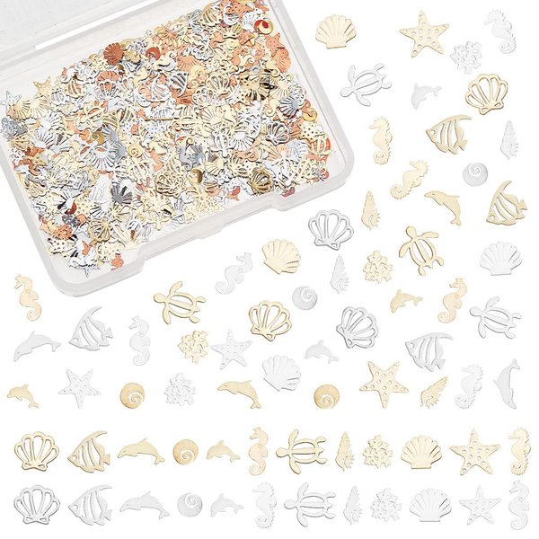 OLYCRAFT 720pcs 24 Styles Sea Theme Nail Art Decorations Brass Resin Fillers Shell Fish Dolphin Nail Art Accessories Mini Nail Art Charms for DIY Crafts Manicure Decorations - Gold/Silver&Rose Gold
