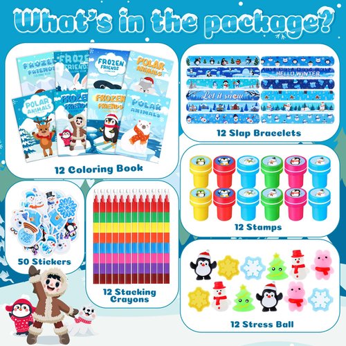 Dispowreath 110 Pcs Winter Party Favors for Kids Polar Animals Coloring Books Crayons Slap Bracelets Mochi Stress Toys Stampers Stickers for Holiday Goodie Bags Stuffers Classroom Rewards Supplies