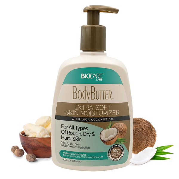Biocare Body Butter Cream - Deep Moisturizing Cream for Rough, Dry & Hard Skin with 100% Coconut Oil, Hydration for Revitalized & Fresh Skin, Extra Soft Moisturizer for Youthful Glow 16 oz