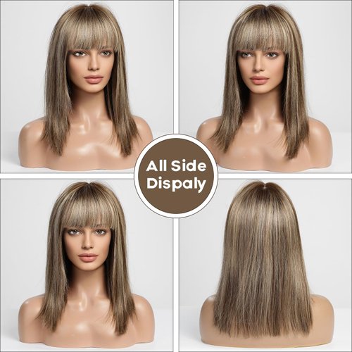 BLONDE UNICORN 16 Inch Bob Wig with Bangs Human Hair,Brown Highlight Bob Wigs for White Women,100% Human Hair Shoulder Length Wigs for Daily Use 180 Density