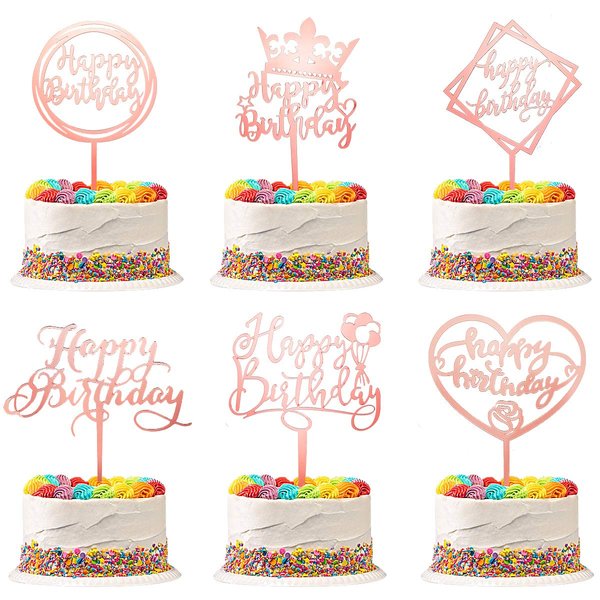 Luxiocio 6 Pack Happy Birthday Cake Topper - Double-Sided Glitter Acrylic Cake Topper - Birthday Cake Supplies Decorations for Children or Adults (Rose Gold)