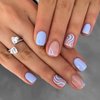 Short Square Press on Nails MABKJLF Summer Fake Nails Blue Full Cover False Nails with Swirl Designs Blue Line Glossy Acrylic Press on Nails Artificial Nails for Women Girls 24 Pcs