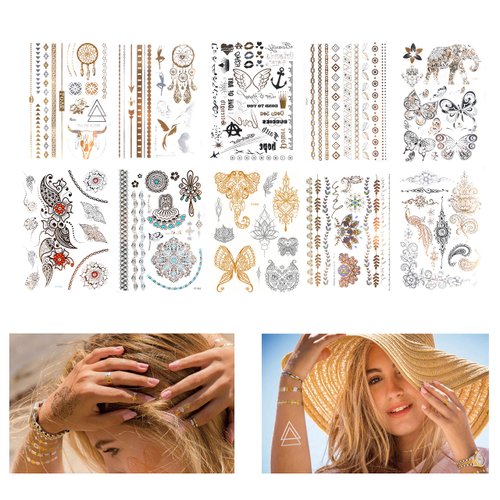Kare & Kind Temporary Metallic Henna Tattoos for Women Teens Girls - 10 Sheets - Glitter Shimmer Designs Jewelry Fake Tattoo Stickers - 150+ pcs Waterproof Color Flash - Bracelets, Necklace, Anklets