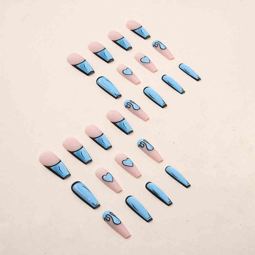 Foccna Comic Blue Press on Nails Extra Long, Acrylic Fake Nails Coffin Cartoon LOVE False Nails,Artificial Nails for Women and Girls, 24 pcs