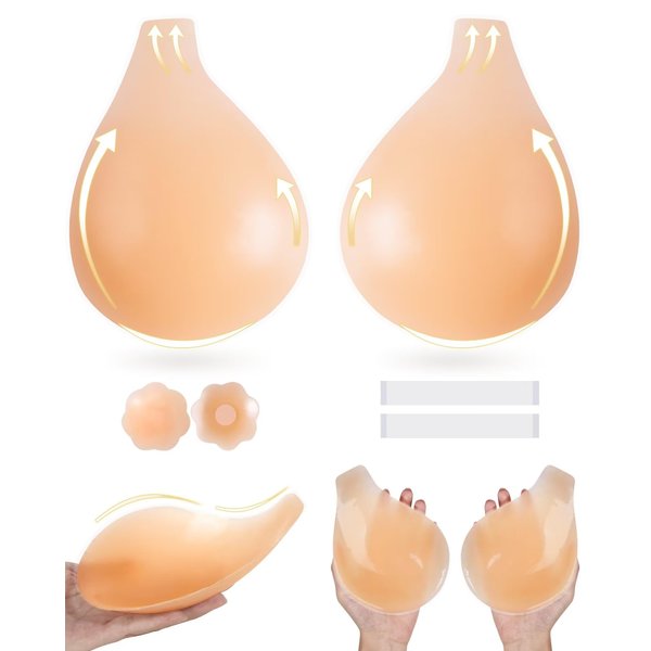 APOWUS Sticky Bras for Women Push Up Adhesive Invisible Bra Backless Strapless Bra for Big Busted Reusable with Nipple Covers - L,Creme