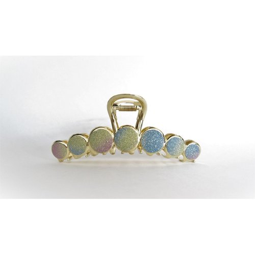 Long gold metal and rainbow glitter circles hair claw clip