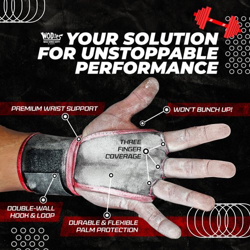 JerkFit WODies Red 3 Hole Gymnastics Grips with Wrist Support (Small) - Latex Free Elastic Pull Up Grip for Cross Training, WODs, Weightlifting - Workout Grips for Men and Women for Palm Protection