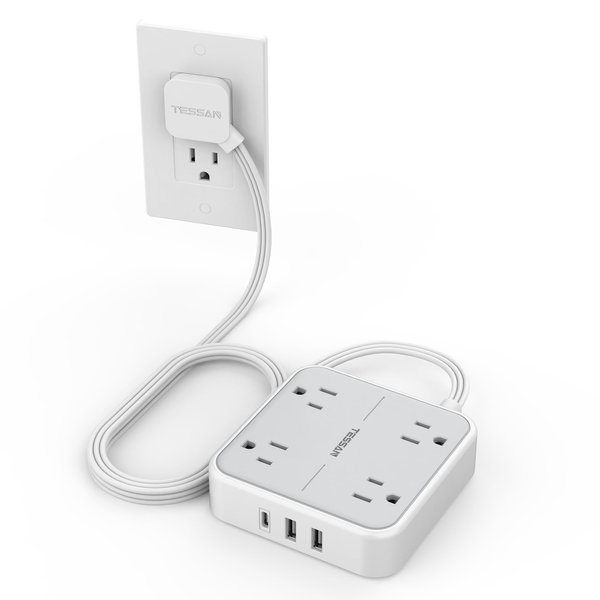 Flat Plug Surge Protector Power Strip, TESSAN 5 ft Ultra Thin Extension Cord with 3 USB Wall Charger(1 USB C Port), 4 Outlets Slim Desk Charging Station for Travel, Office, Dorm Room Essentials