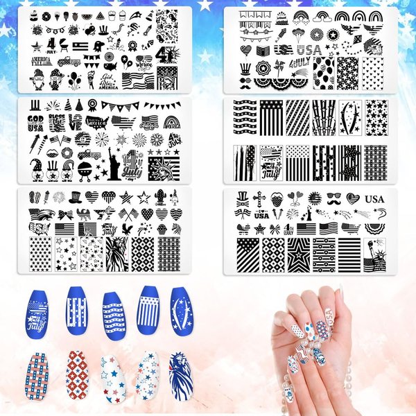 ALIBBON 6Pcs 4th of July Nail Stamping Plates Set, American Flag Nail Art Stamp Templates, Stripe Star Background Stamp Templates Kit, Patriotic Metal Nail Plates for DIY Printing Decor 4.7×2.4"